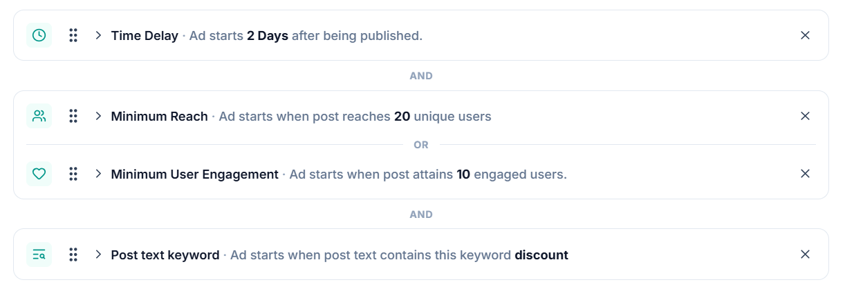 Boosterberg promotion rule requiring a two-day delay, either 20 users reached or 10 engaged users, and the keyword discount