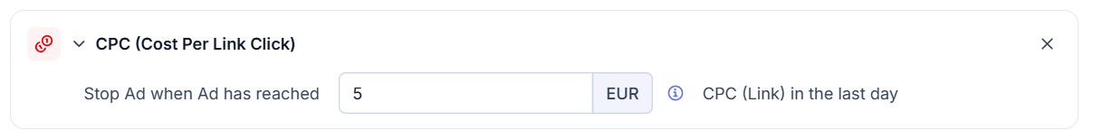 Boosterberg stop rule with a five-euro cost-per-link-click threshold measured over the last day