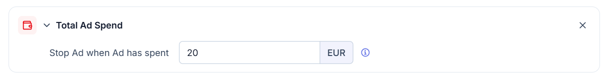 Boosterberg Total Ad Spend stop condition configured with a twenty-euro threshold