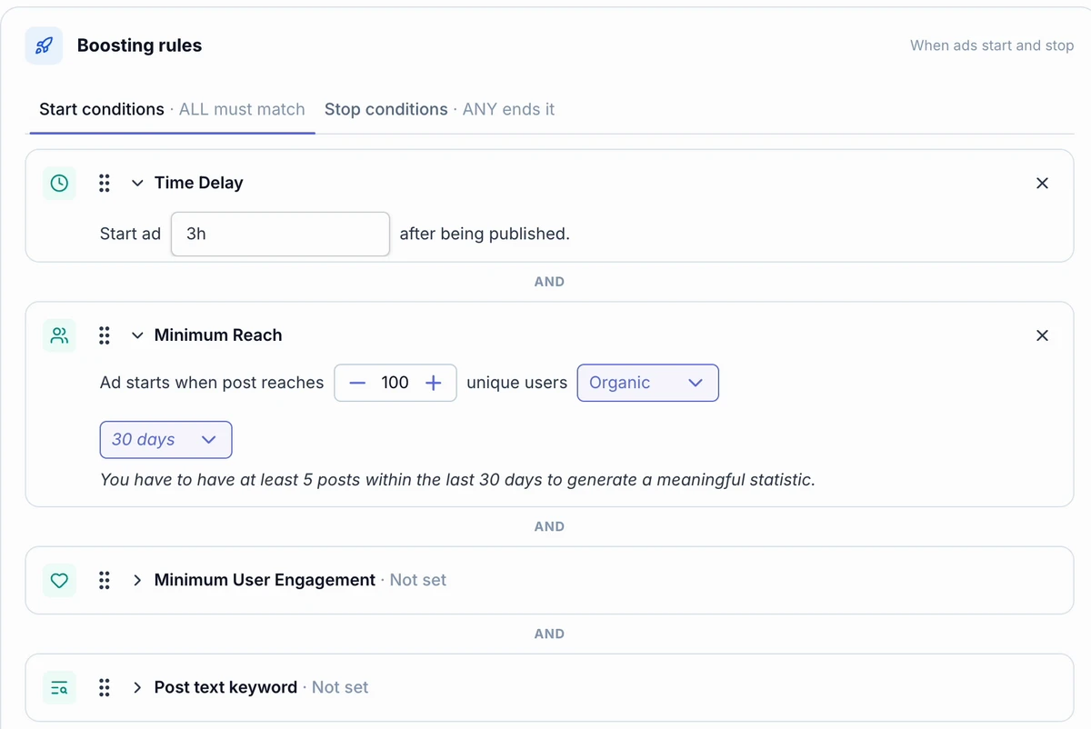 Boosterberg smart rules panel for automated Facebook and Instagram post boosting