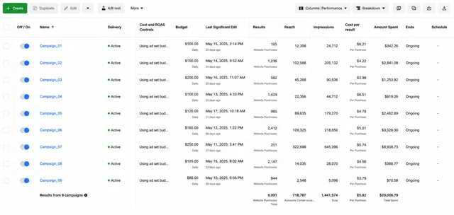 Meta Ads Manager campaign account view