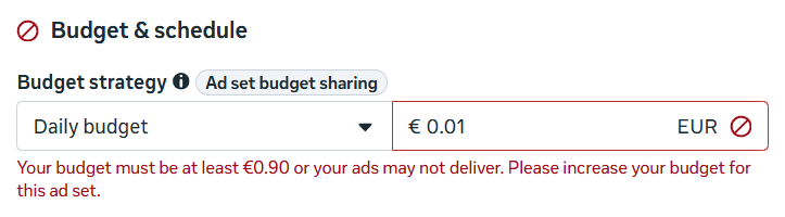 Meta Ads Manager showing a €0.01 daily budget with a red alert stating that this ad set’s budget must be at least €0.90.