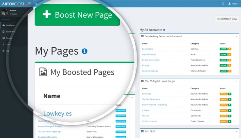 Boosterberg Automated Facebook Post Boosting - Dashboard for overview of boosted pages